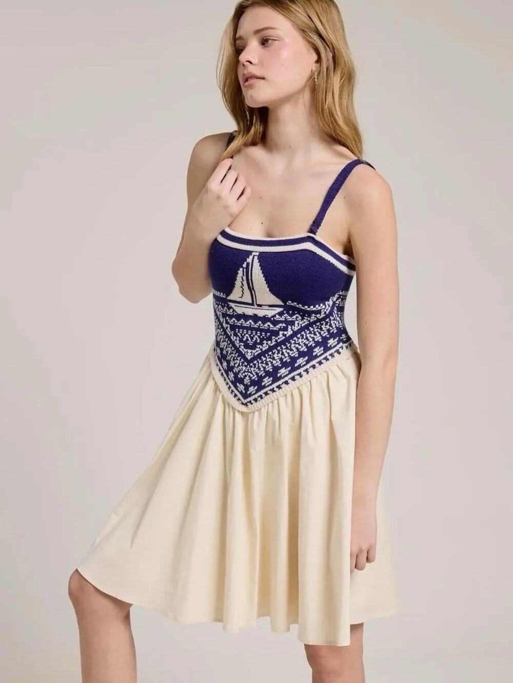 NWT Otior Knit Sailboat Nautical Blue White Mini Dress M